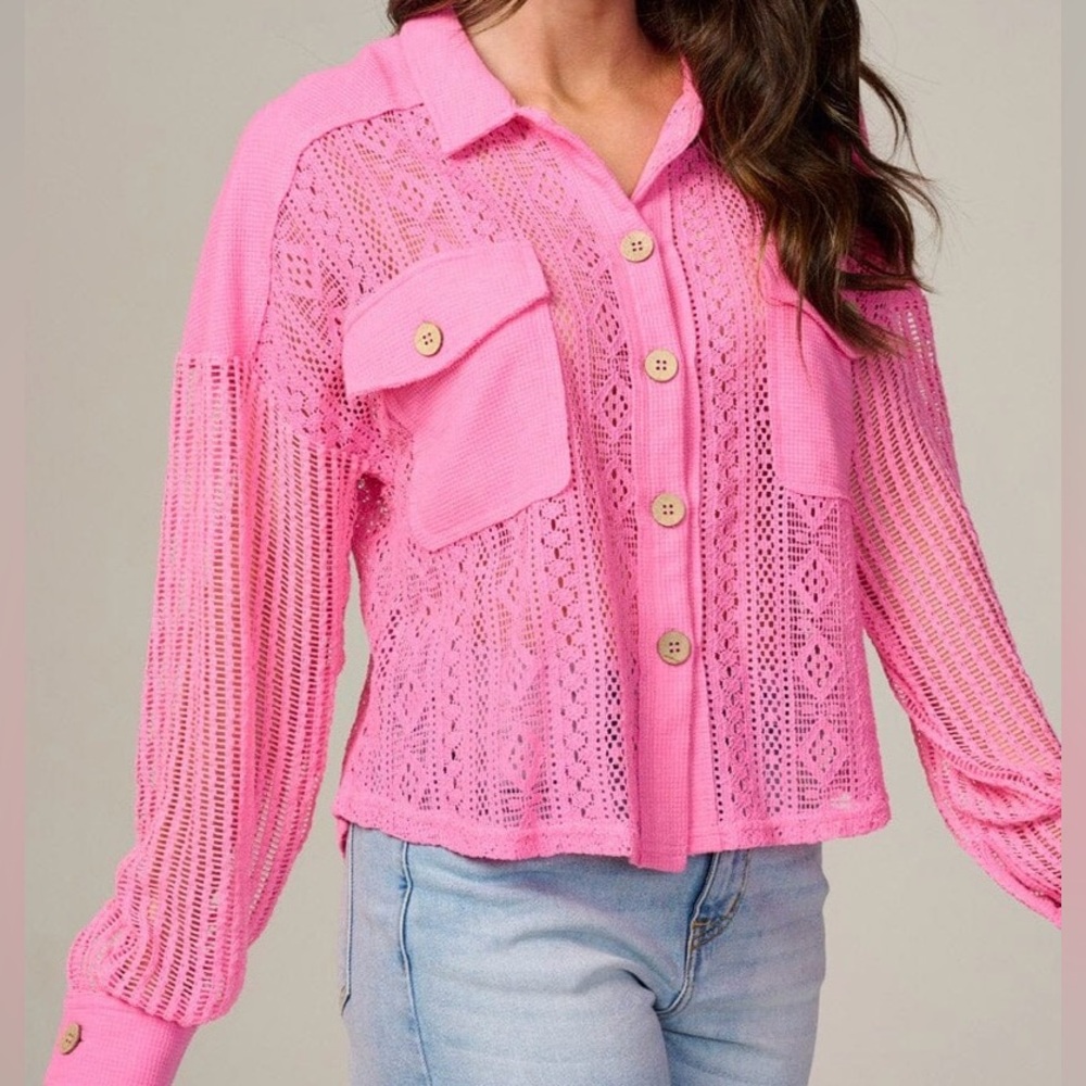 Pink Lace/ Eyelet Button-Up Shirt